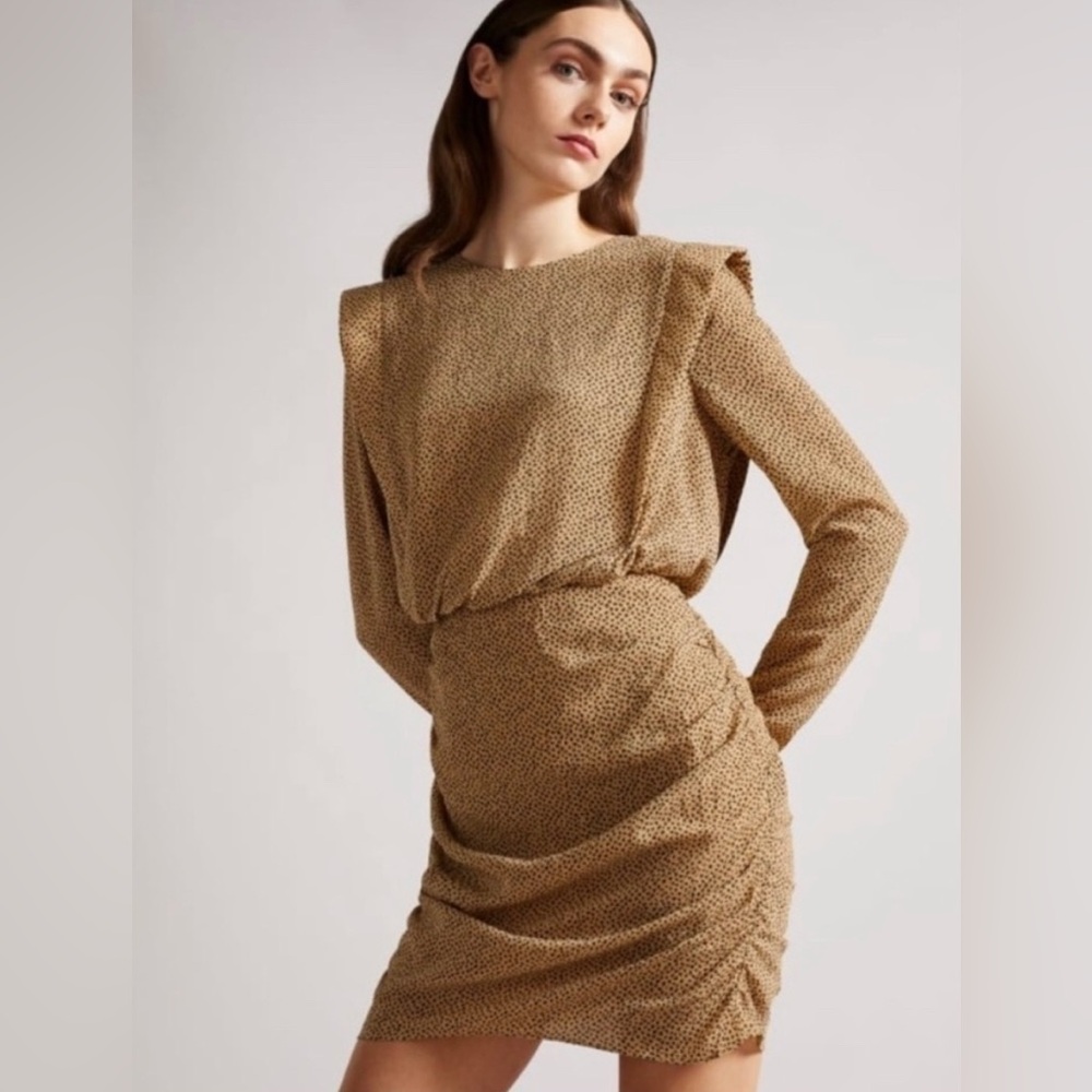 Ted Baker London Quinci Animal Print Ruched Long Sleeve Dress Black and Tan